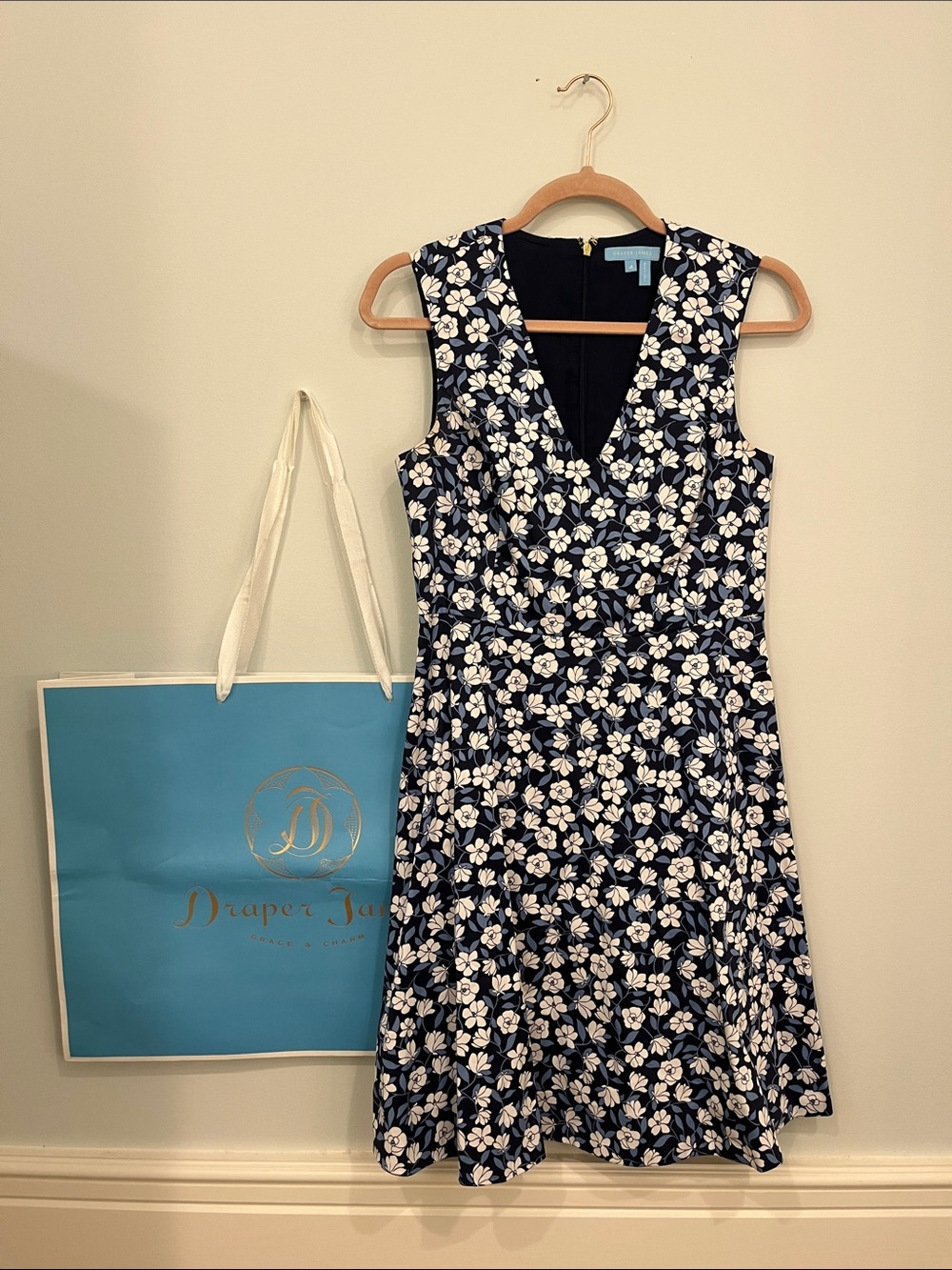 Draper James Navy Floral V-Neck Fit-and-Flare Dress